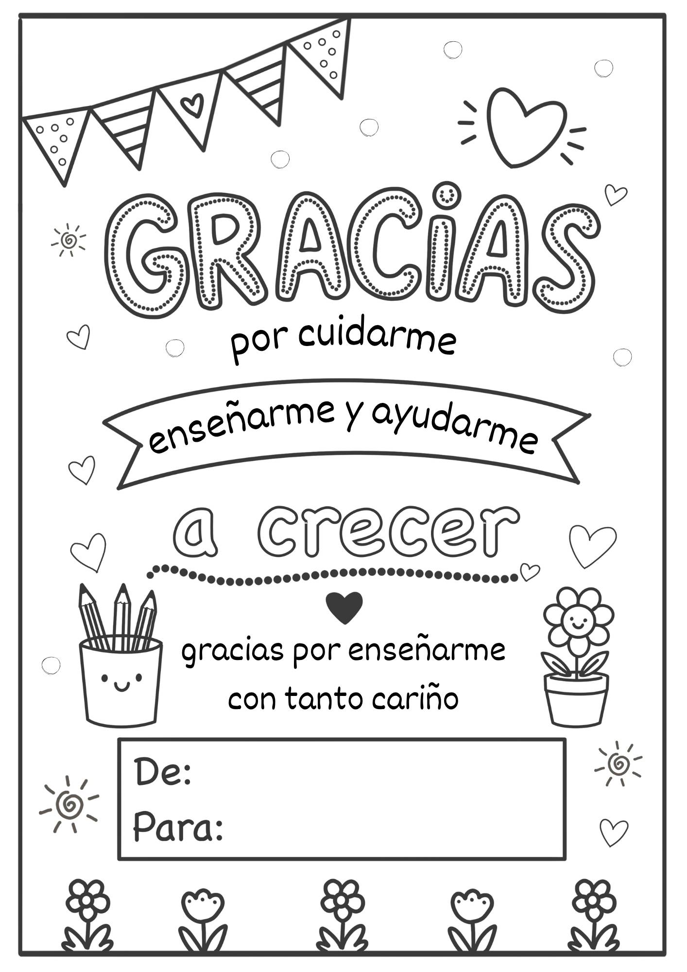 Tarjeta para regalar a la maestra de infantil para imprimir y colorear