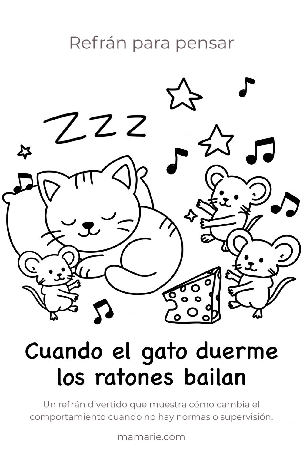 refran gato duerme ratones bailan dibujo para niños para colorear
