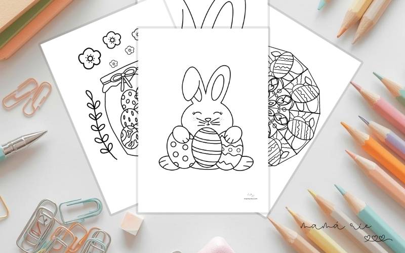 mockup dibujos de pascua para colorear e imprimir con conejos huevos mandala y flor de pascua