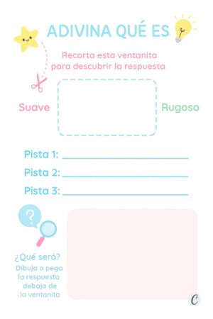 Plantilla infantil “Adivina qué es” con ventanita recortable, pistas y espacio para la respuesta.