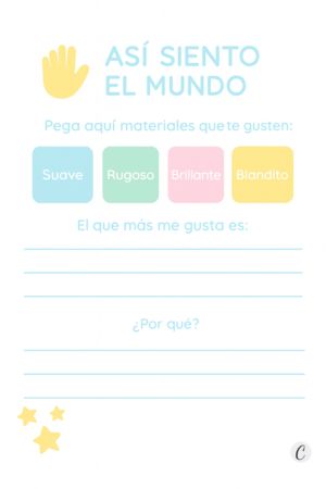 Actividad sensorial infantil “Así siento el mundo” con recuadros para pegar texturas y escribir preferencias.