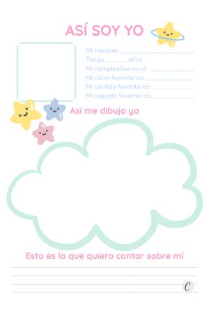 Ficha infantil “Así soy yo” en colores pastel para completar datos personales y dibujar un autorretrato.