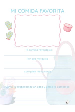 Ficha “Mi comida favorita” para niños, con espacio para dibujo y preguntas sobre gustos y hábitos alimentarios.