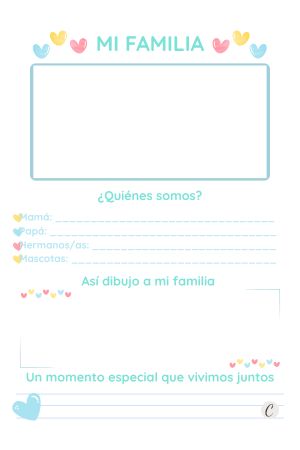 Plantilla infantil “Mi familia” en estilo pastel con espacio para escribir y dibujar a los miembros de la familia.