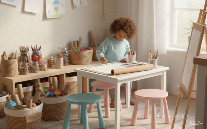 Niño usando un rincón creativo en casa