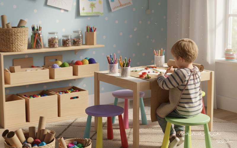 Rincón creativo para niños con materiales económicos y accesibles
