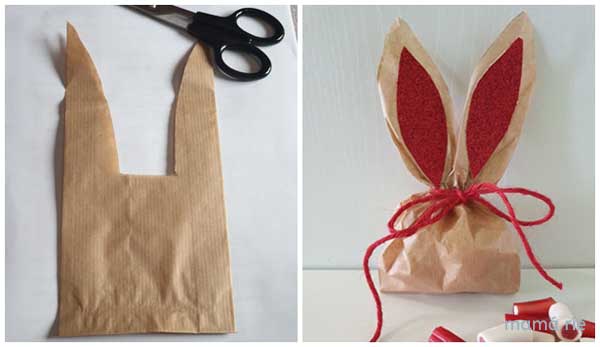 conejo de pascua hecho con bolsa de papel para manualidad infantil