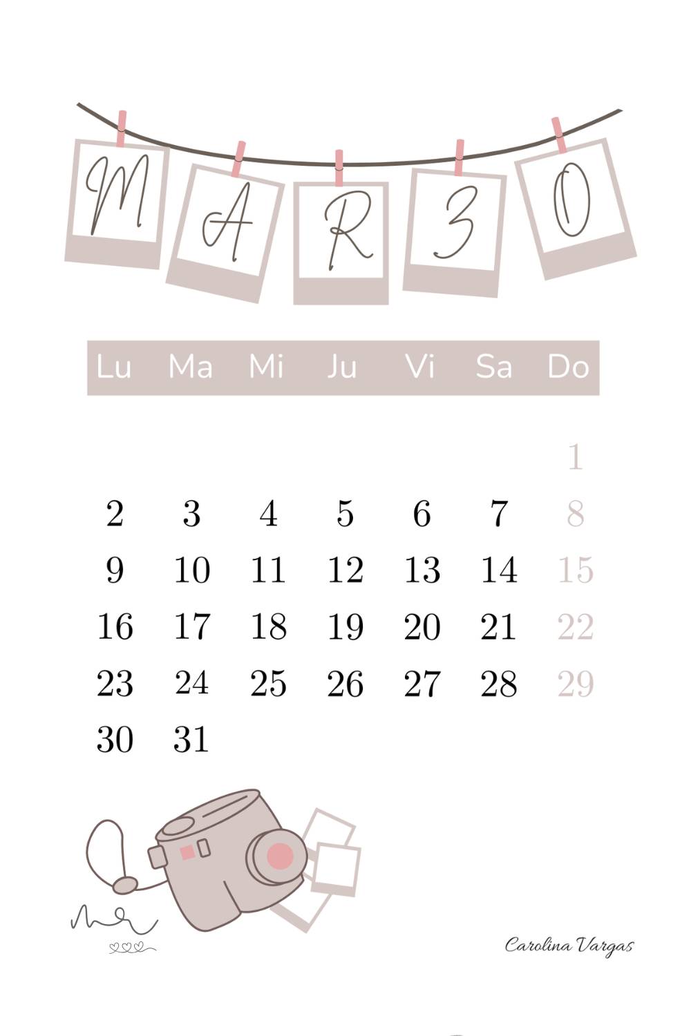Calendario marzo 2026 imprimible con diseño minimal y detalles en rosa suave