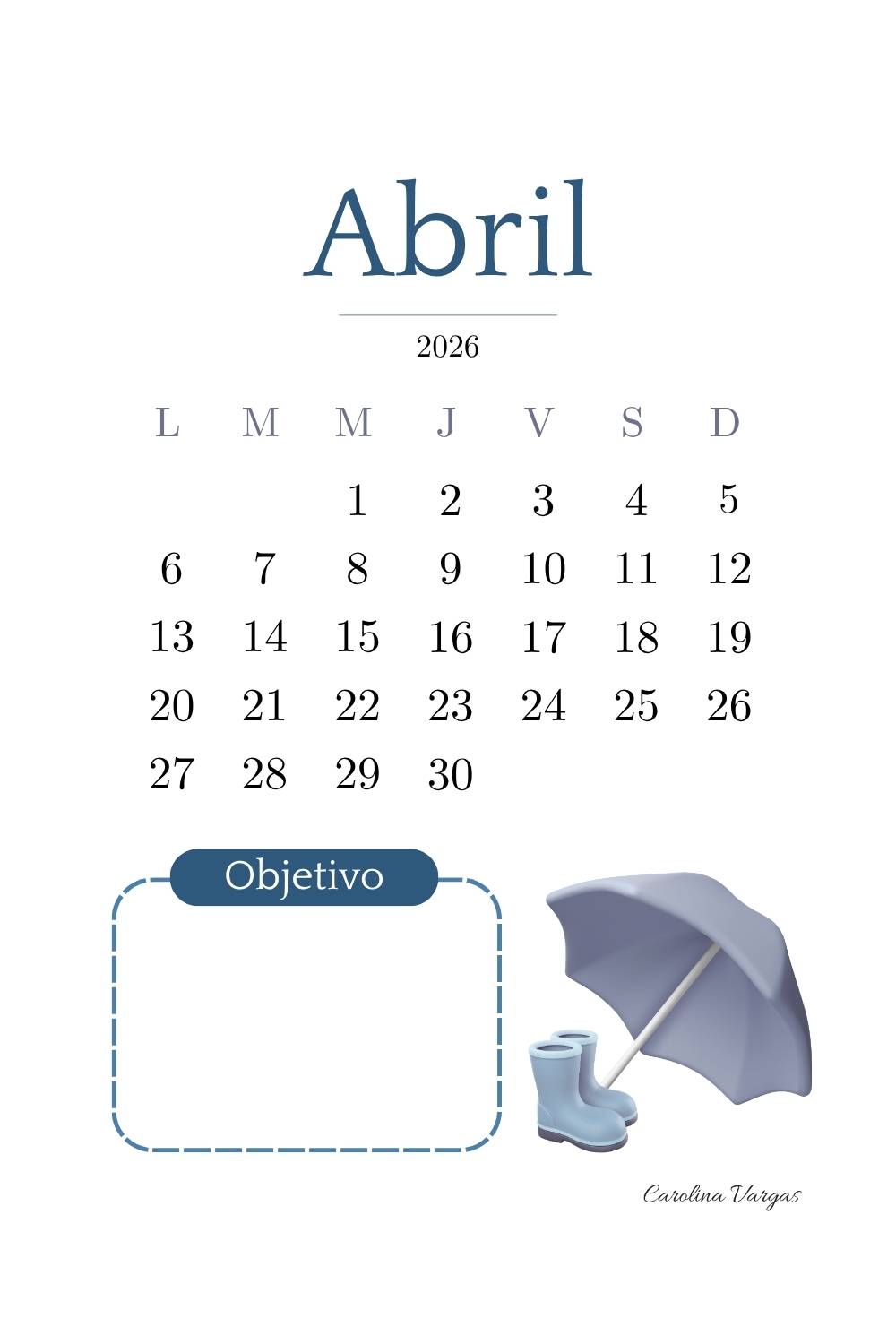 Calendario de abril 2026 imprimible con espacio para objetivos mensuales