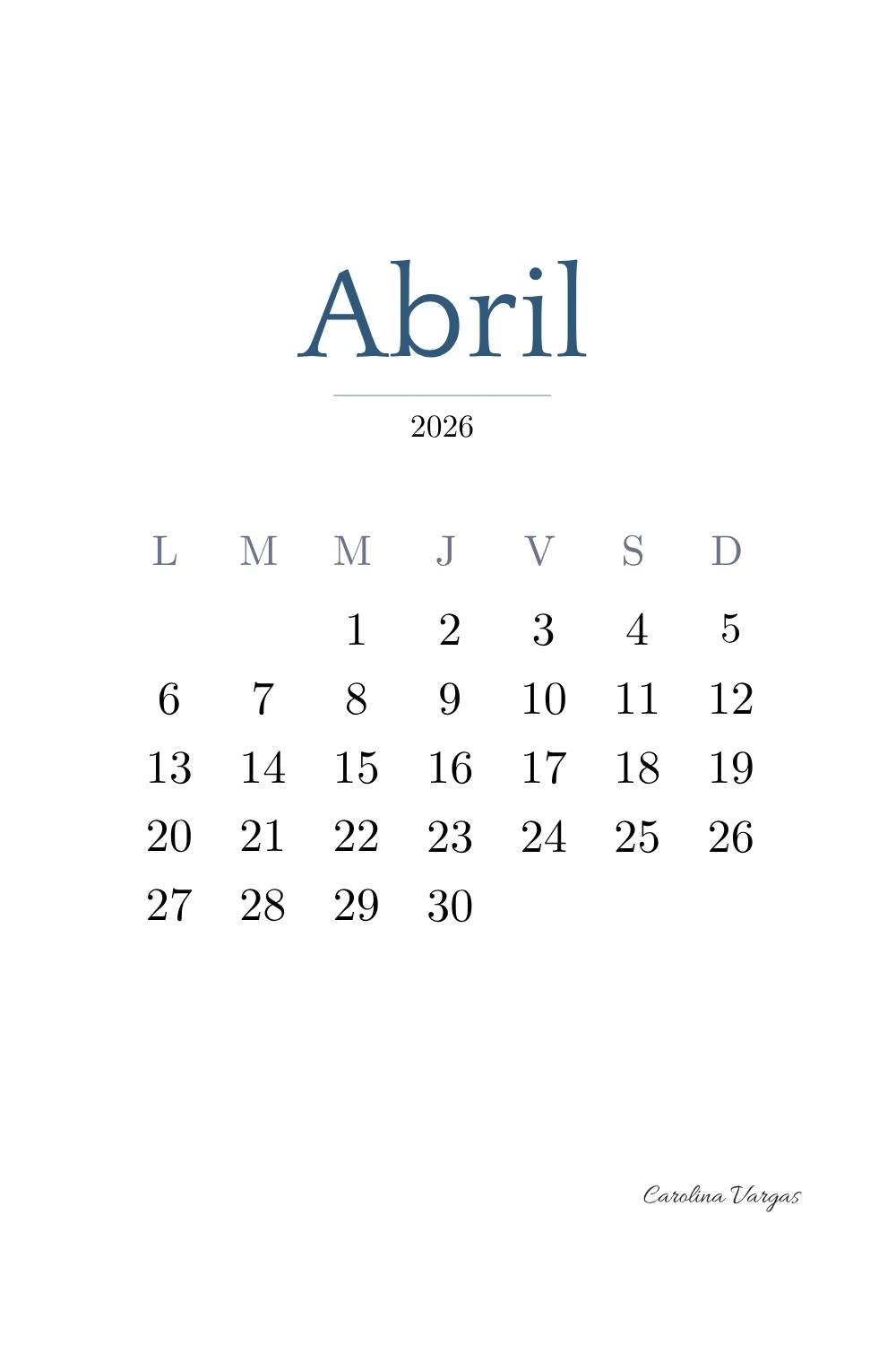 Calendario abril 2026 limpio y sencillo para organizar el mes