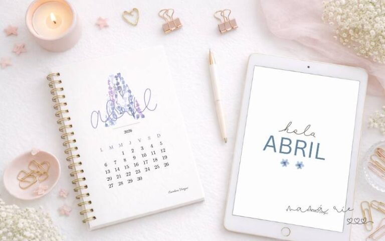 Portadas de abril 2026 imprimibles para agenda y planner en escritorio con libreta e iPad en tonos suaves