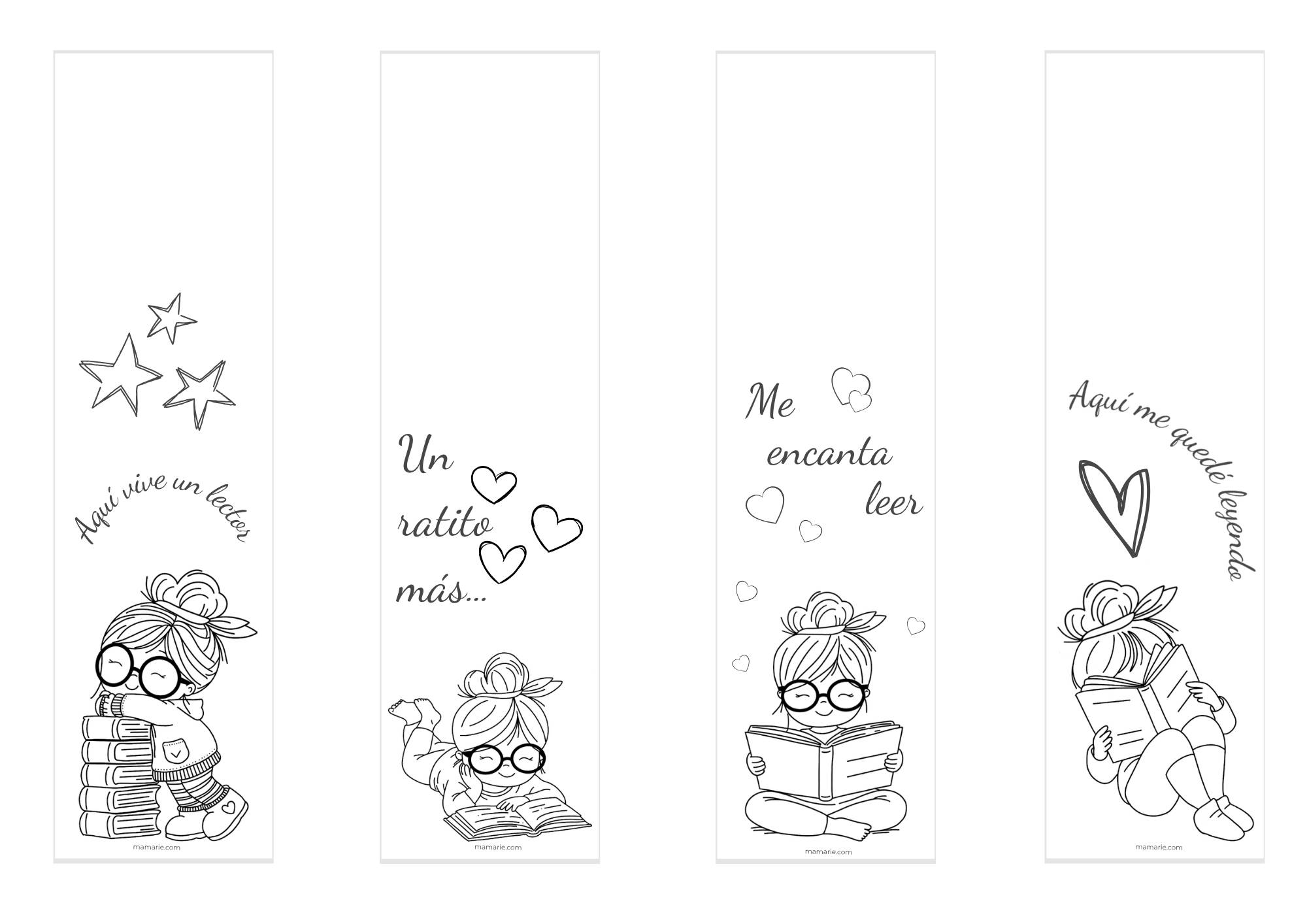 Marcapáginas para colorear en formato A4 con dibujos de niña leyendo para imprimir y recortar