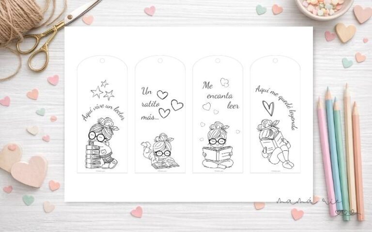 Marcapáginas para imprimir y colorear para niños con dibujos de una niña leyendo y material escolar en fondo claro