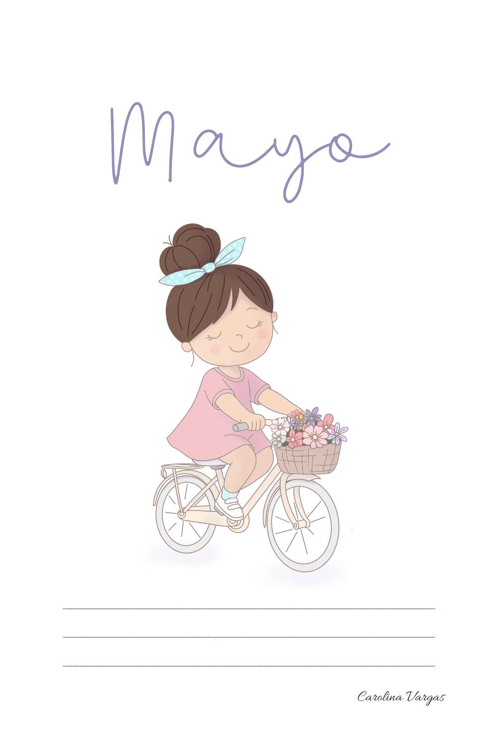 portada de mayo 2026 imprimible para agenda con ilustración infantil de niña en bicicleta con flores