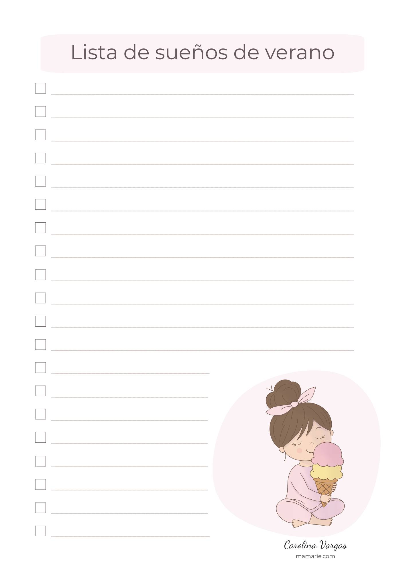 Lista de sueños de verano para imprimir con espacio para escribir planes, deseos y actividades de vacaciones.