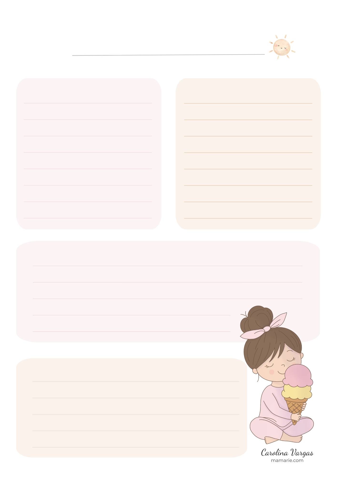 Plantilla imprimible de verano con espacios en blanco para escribir, organizar ideas y crear recuerdos de forma personalizada.