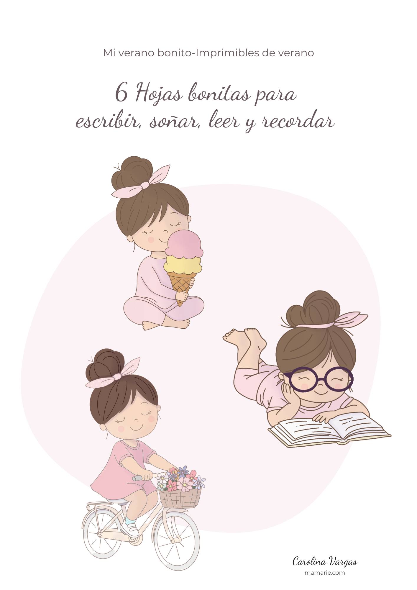 Portada del pack Mi verano bonito con 6 imprimibles de verano para escribir, leer, organizar planes y guardar recuerdos en familia.