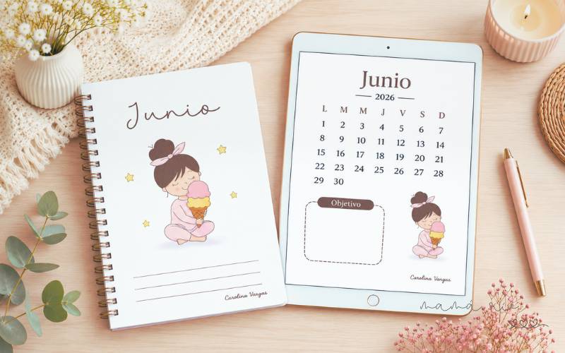 Portadas de junio 2026 para imprimir gratis con dos diseños en tonos pastel y calendario mensual