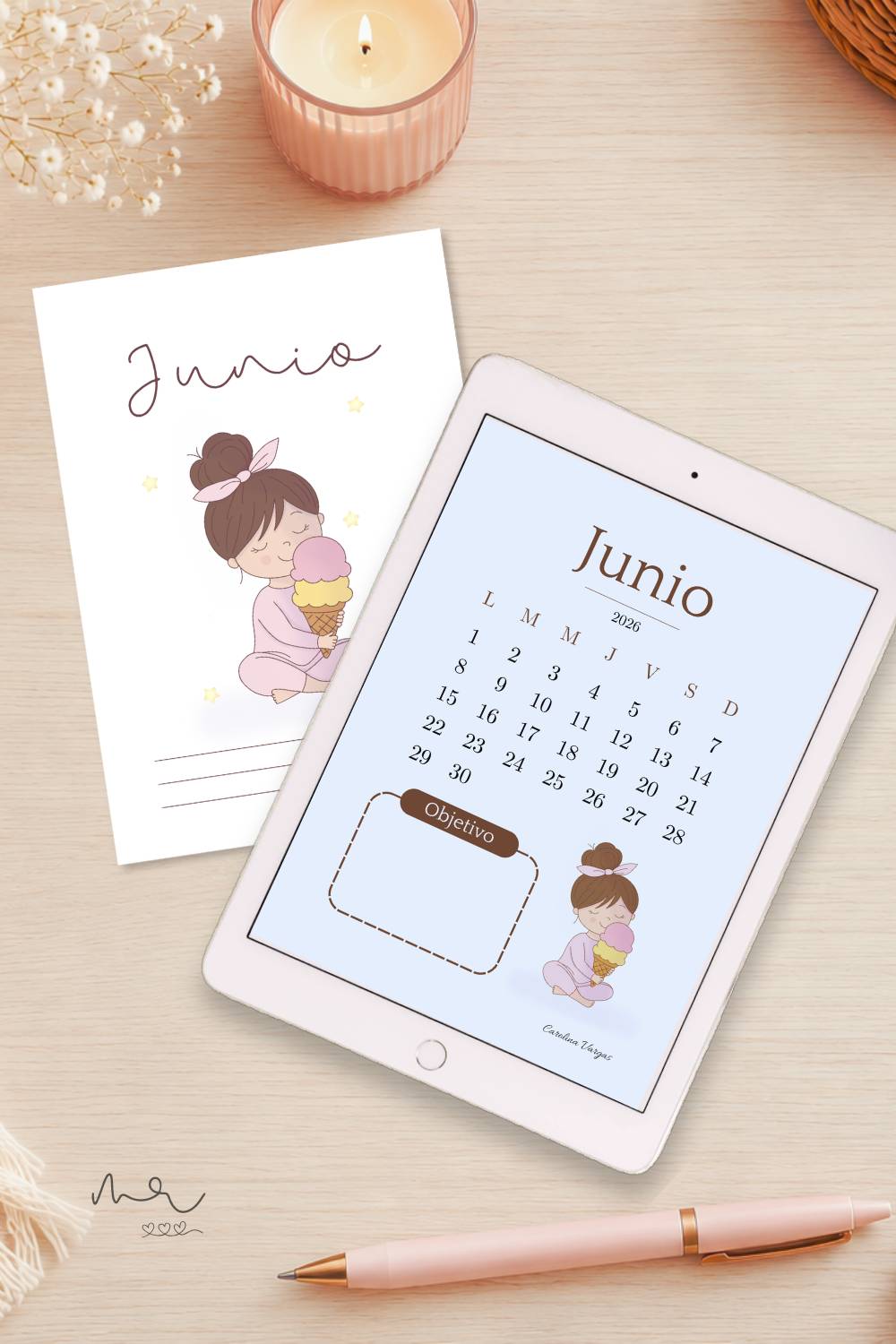 Pack de portadas de junio 2026 para imprimir con diseño de muñequita y calendario organizador