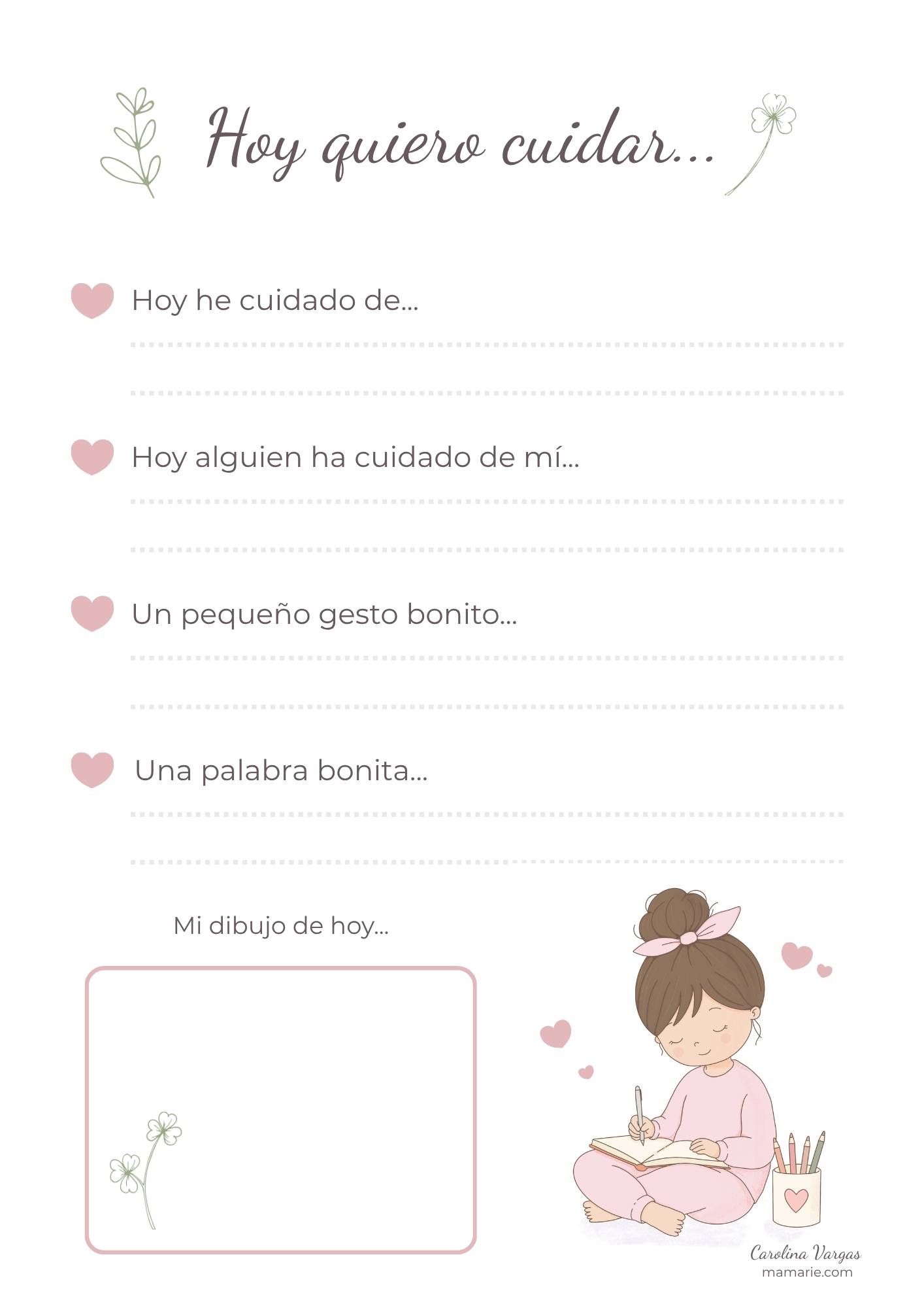 Hoja bonita imprimible Hoy quiero cuidar para escribir gestos de cariño