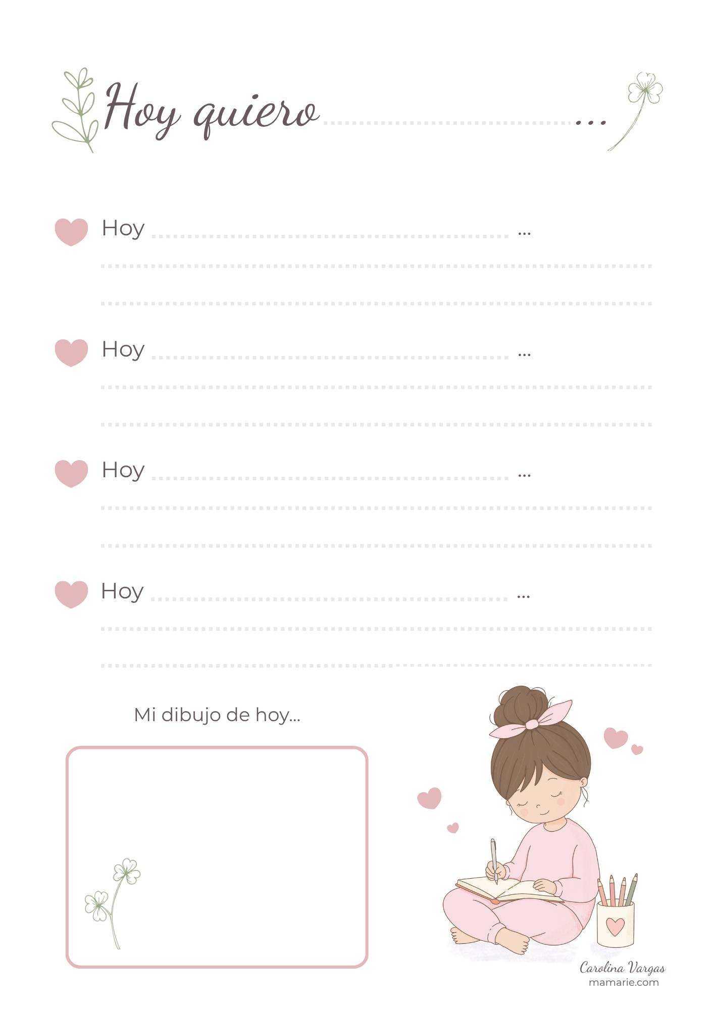 Hoja libre imprimible "Hoy quiero" para escribir, dibujar y crear tu propia página de recuerdos
