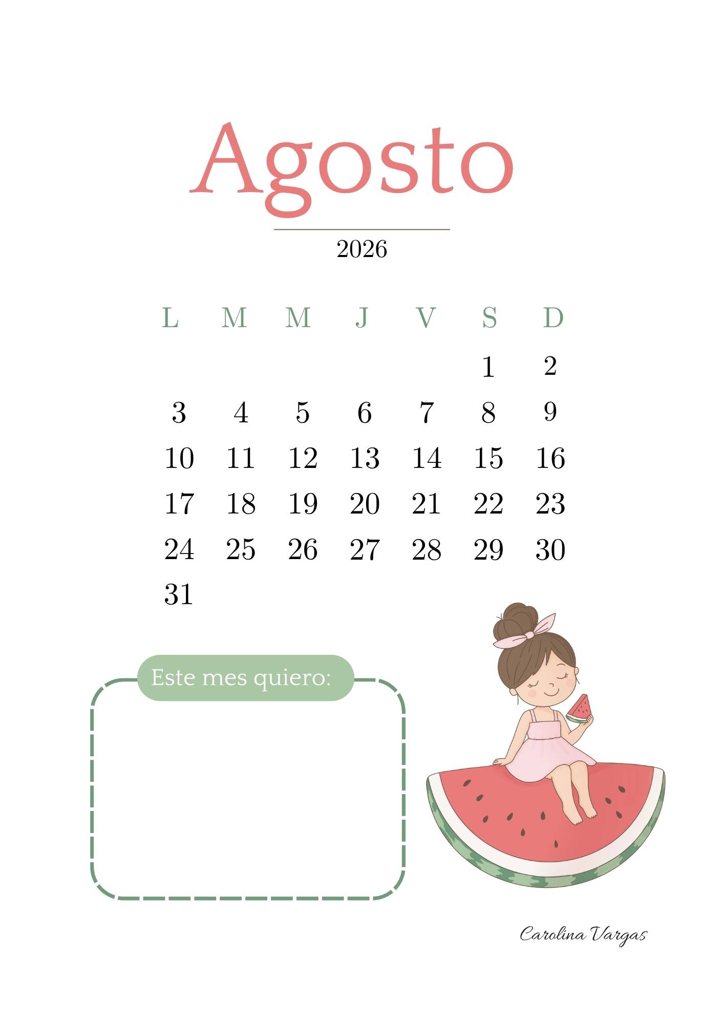 Calendario de agosto para imprimir con espacio para escribir objetivos del mes.
