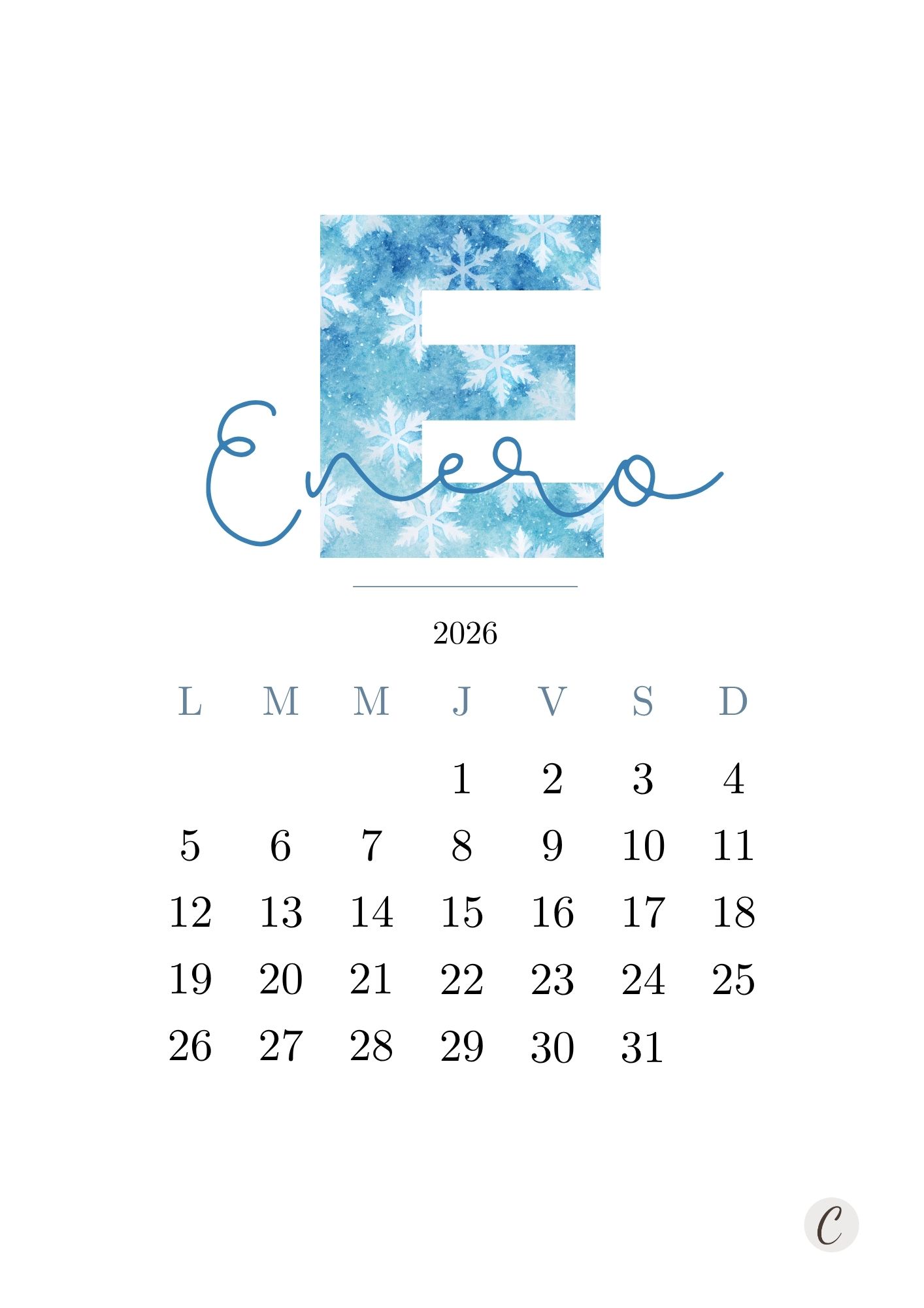 Portada de enero 2026 con calendario y diseño invernal