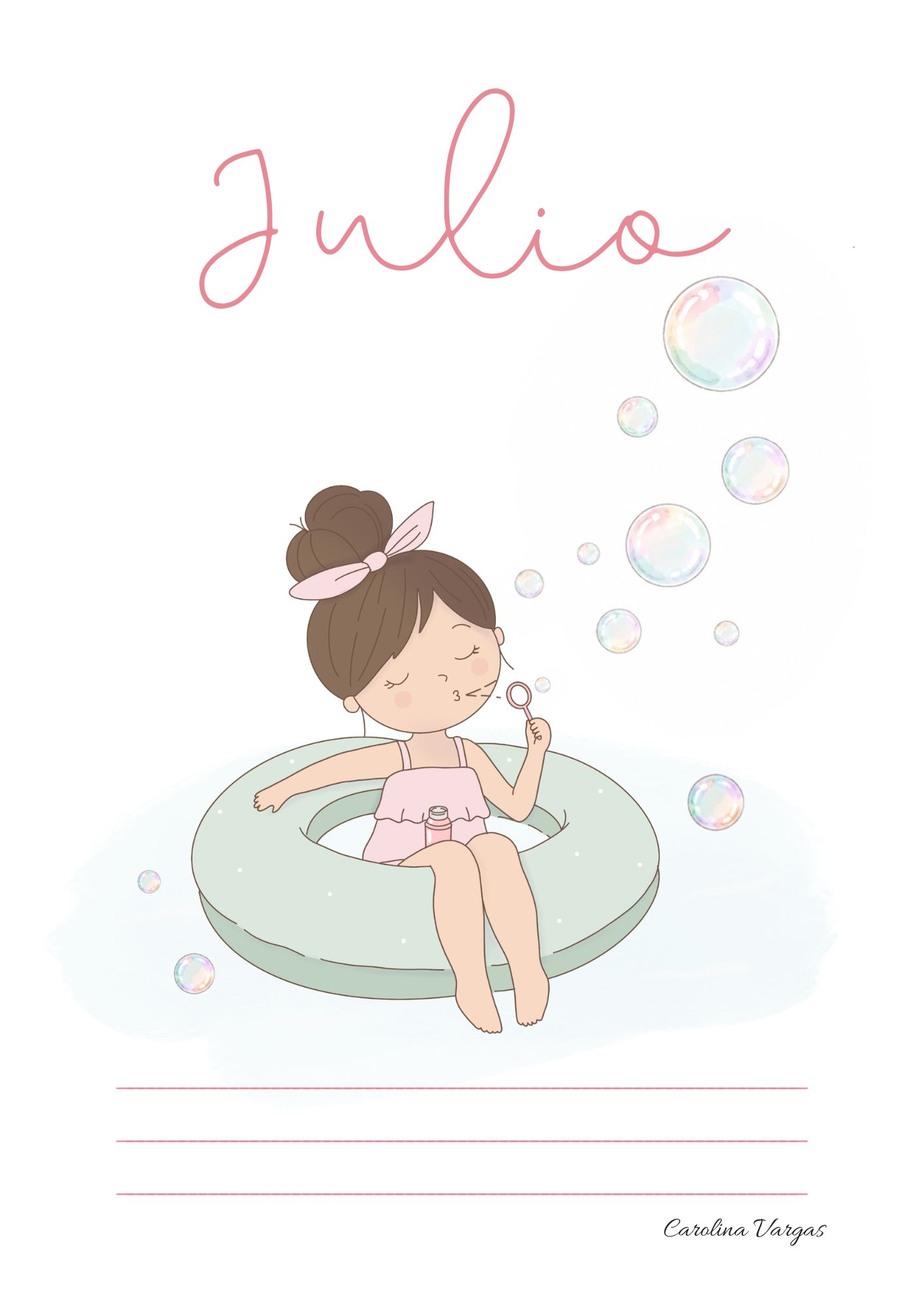 Portada de julio con muñequita haciendo pompas