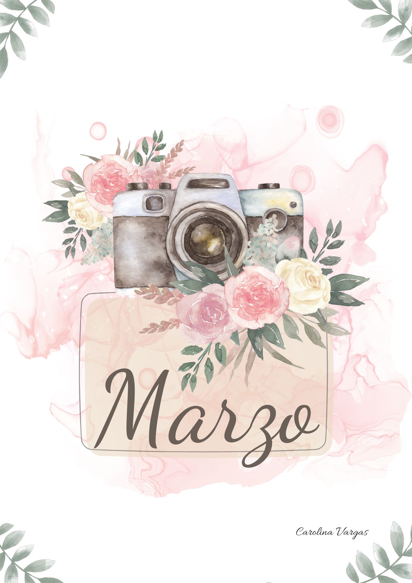 Portada de marzo con cámara y flores
