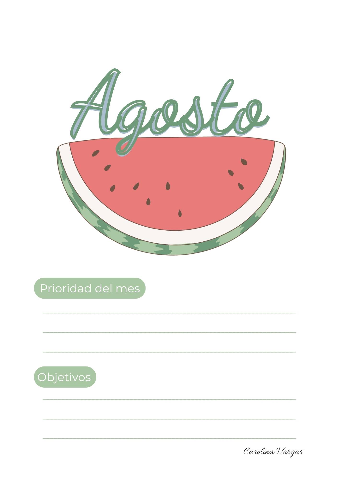 Hoja imprimible de agosto con espacio para escribir prioridades y objetivos.