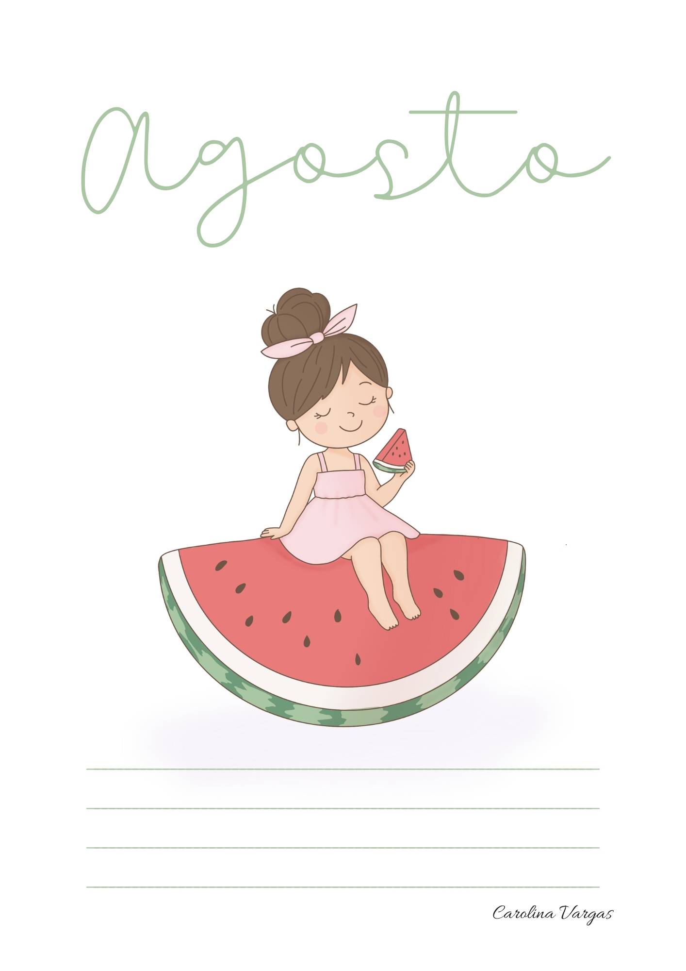 Portada de agosto con una ilustración de una niña sentada sobre una sandía.