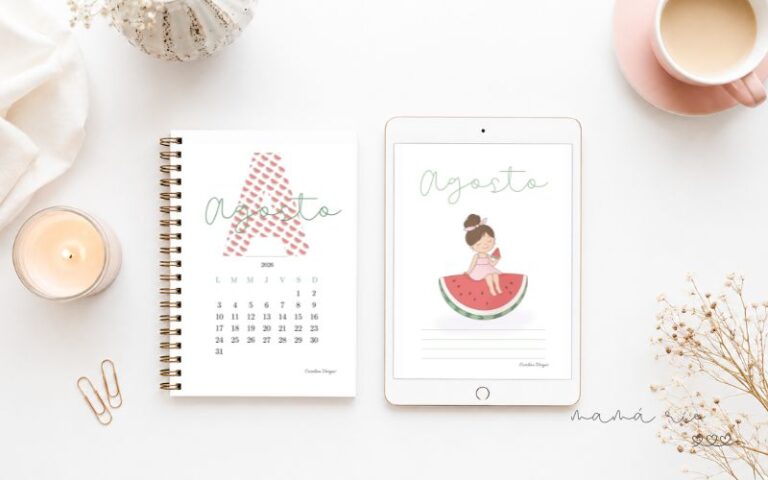 Portadas de agosto para imprimir gratis con ilustraciones de sandías y calendario