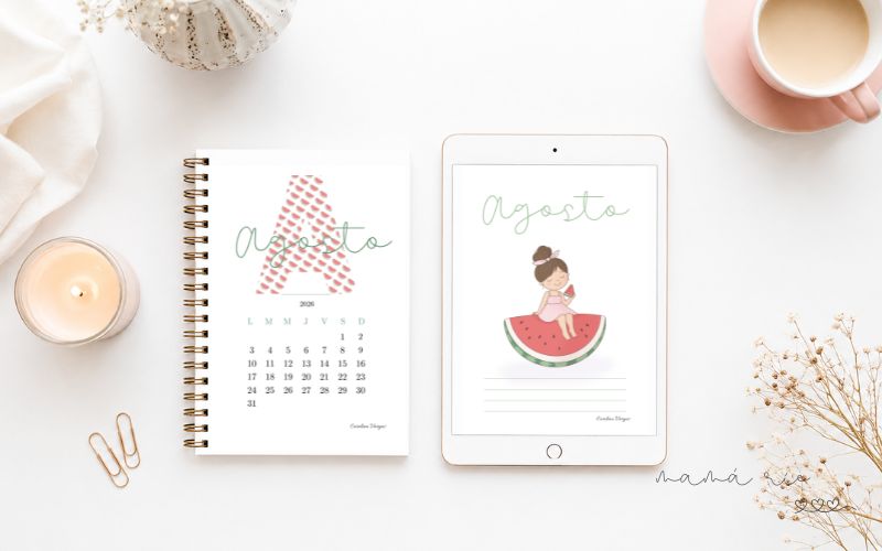 Portadas de agosto para imprimir gratis con ilustraciones de sandías y calendario