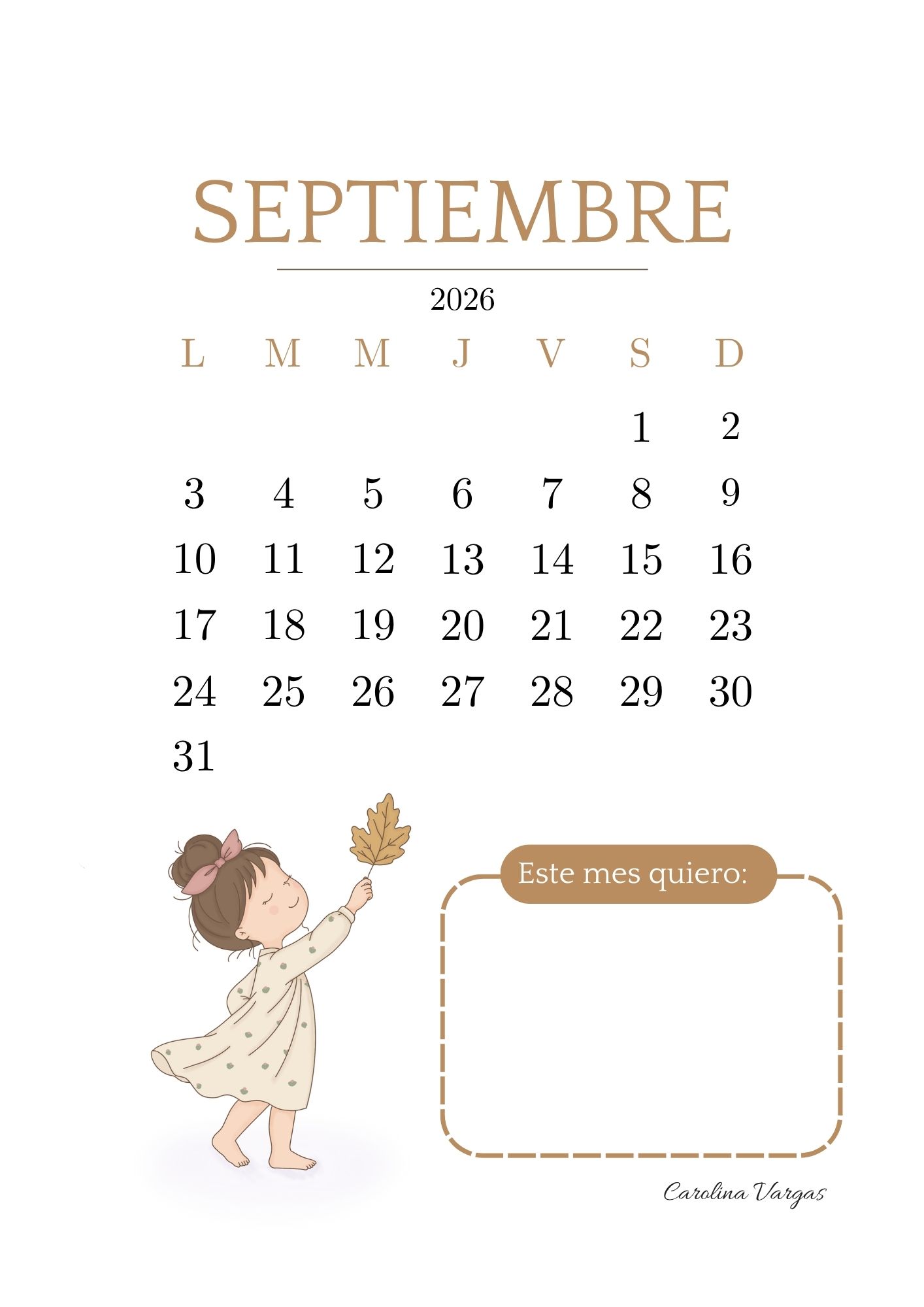 Calendario de septiembre 2026 para imprimir con espacio Este mes quiero