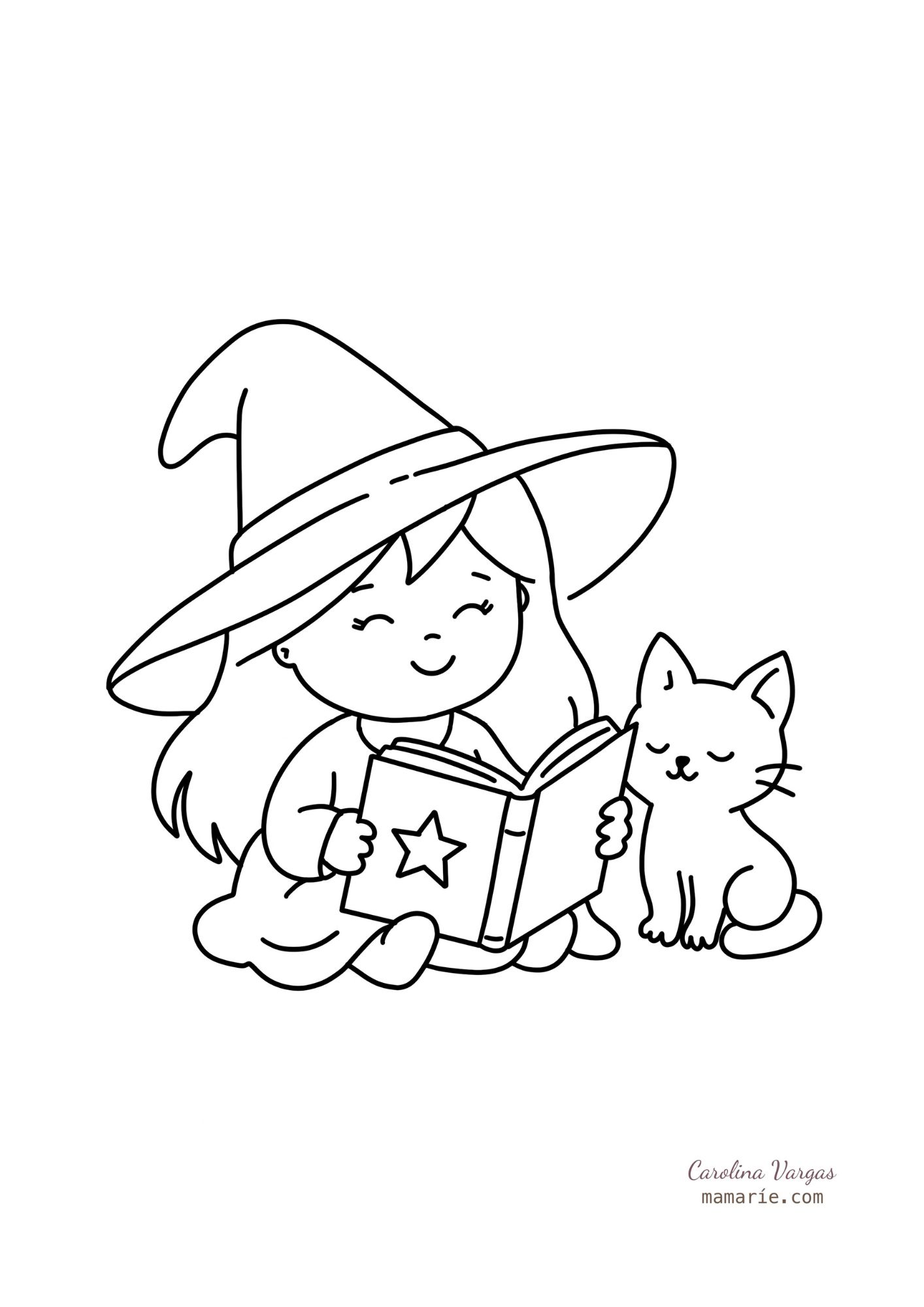 Bruja leyendo con un gato para colorear en Halloween