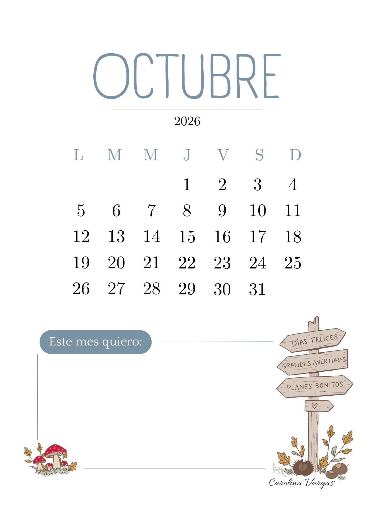 Calendario de octubre 2026 para imprimir con espacio Este mes quiero
