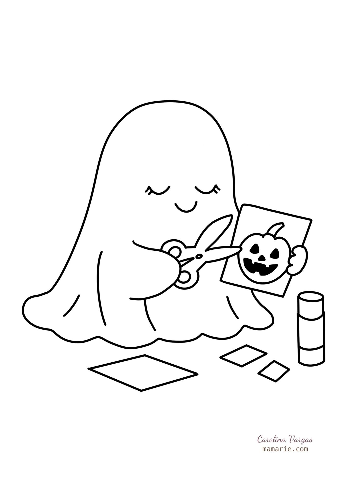 Fantasma haciendo manualidades de Halloween para colorear