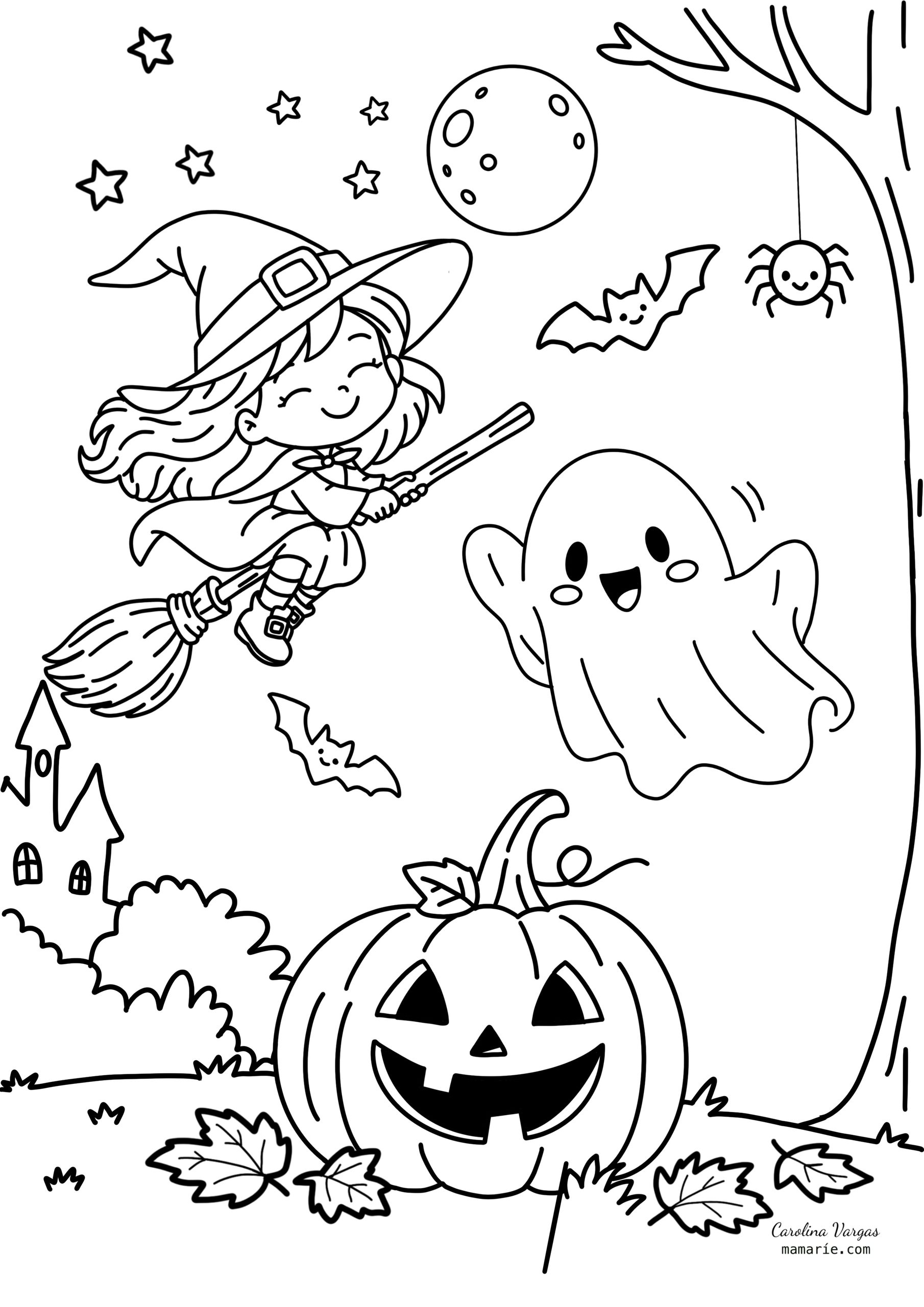 Dibujo de Halloween para colorear con una bruja volando en escoba, un fantasma y una calabaza sonriente.