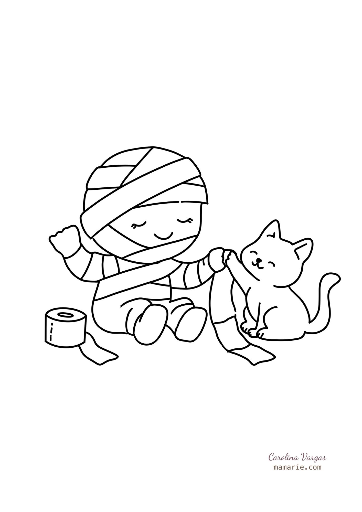Momia jugando con un gato para colorear en Halloween