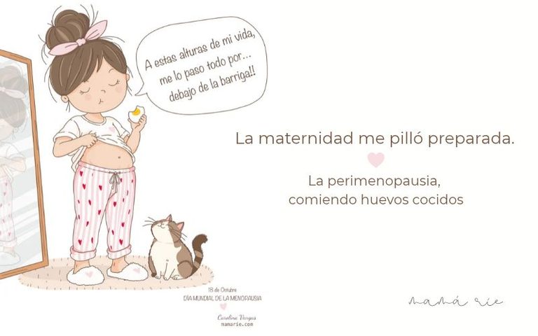 Ilustración de la Muñequita del Moño mirando su barriga mientras sostiene un huevo cocido, junto a un espejo y un gato.