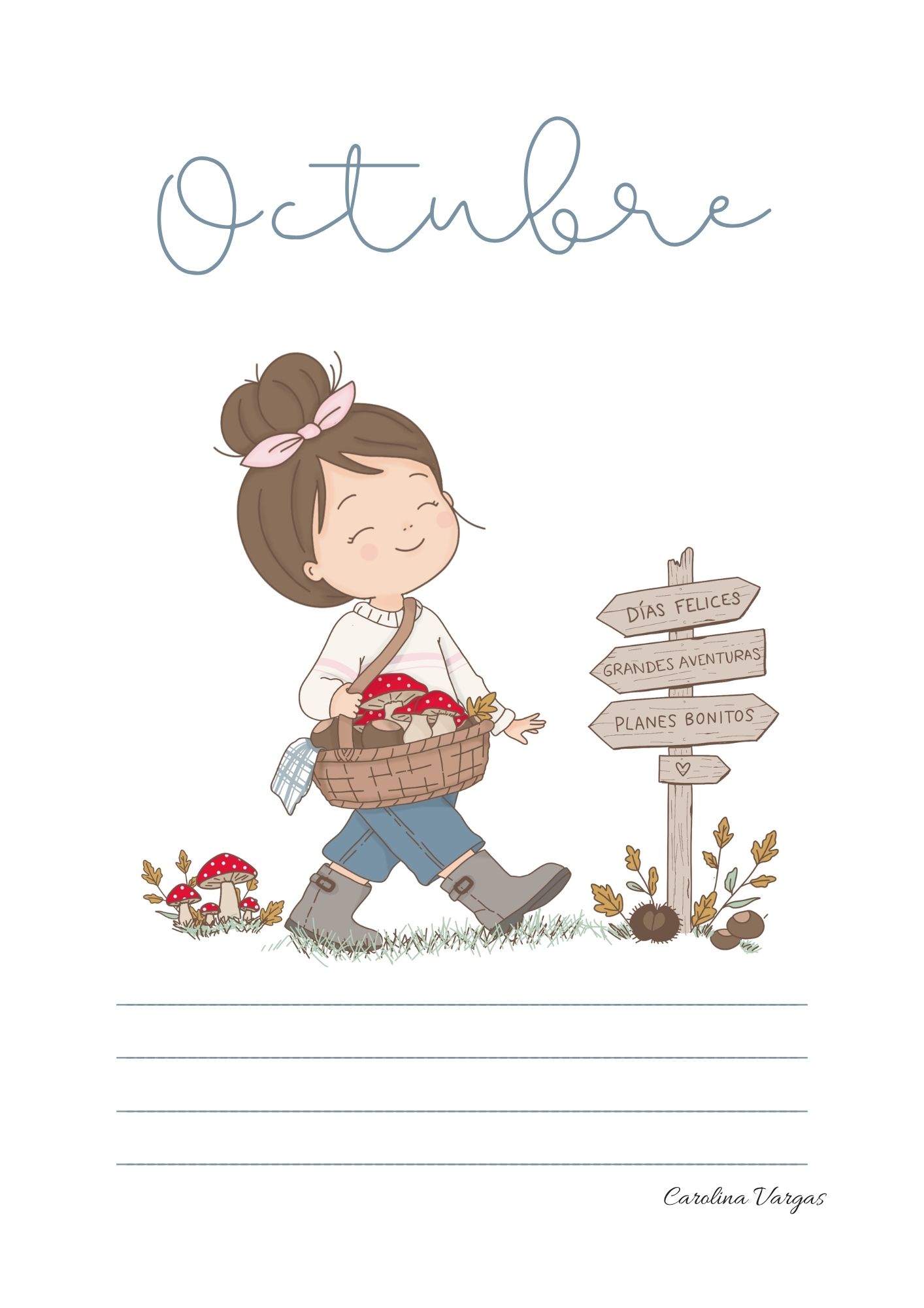 Portada de octubre para imprimir con muñequita del moño y cesta de setas