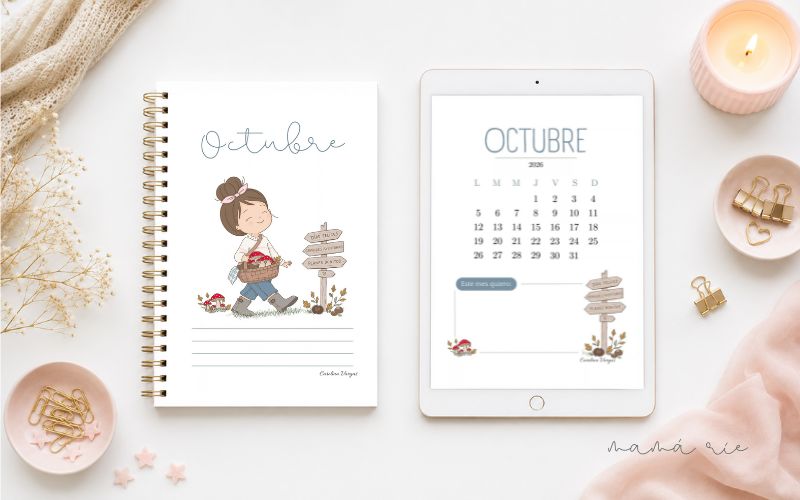 Portadas de octubre 2026 para imprimir gratis con calendario e ilustración de otoño